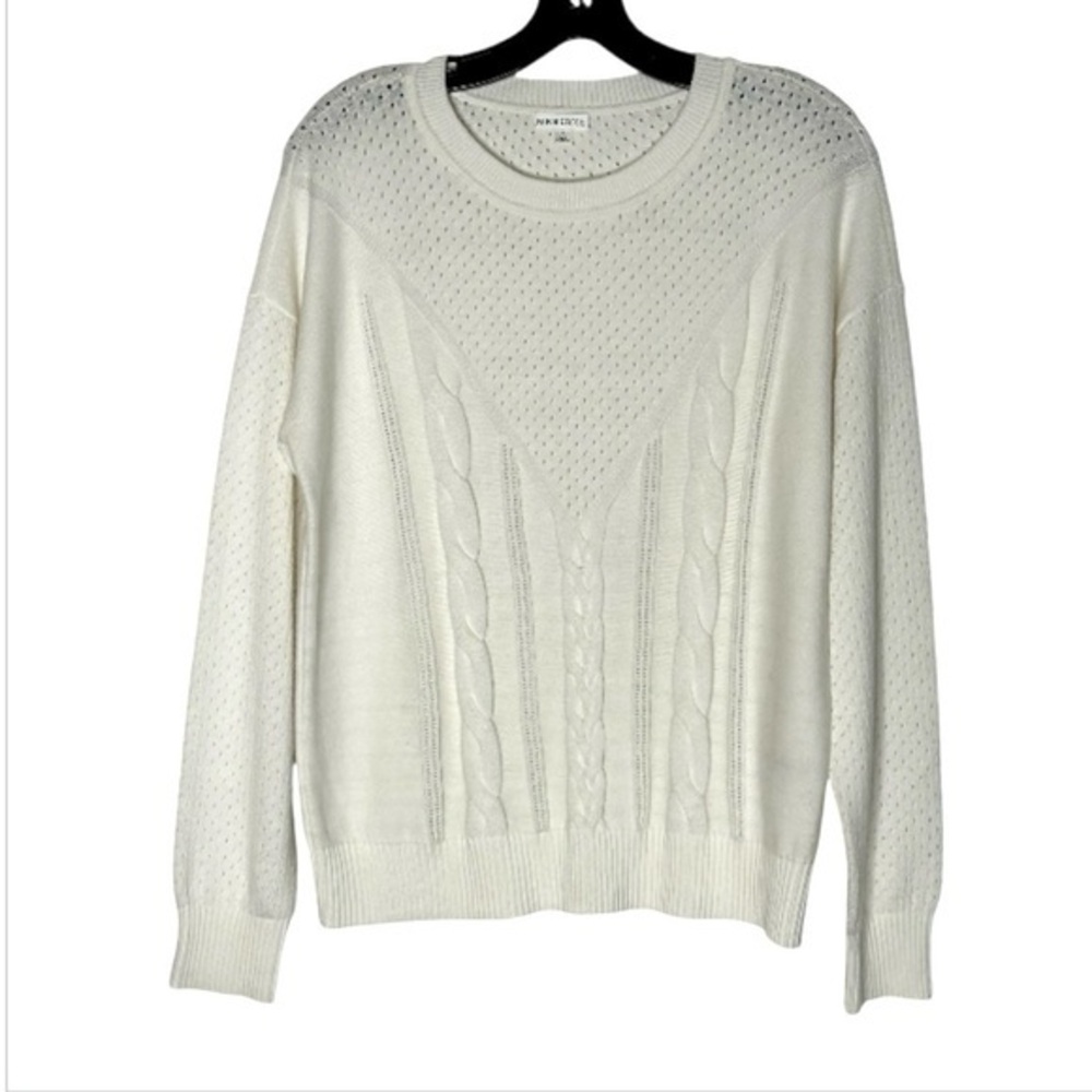 Minnie Rose Cotton Cashmere Crew Cable Knit Sweater L